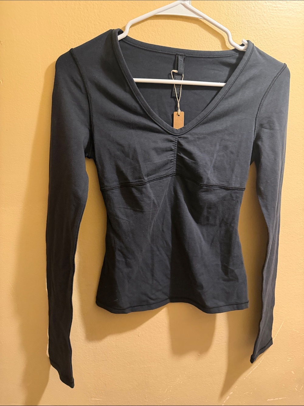 SKIMS Black Long Sleeve V-Neck Ruched Front Top